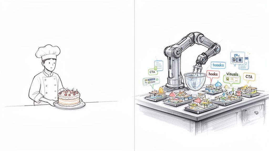 A human chef bakes a cake, juxtaposed with a robot arm mixing ad campaign components.