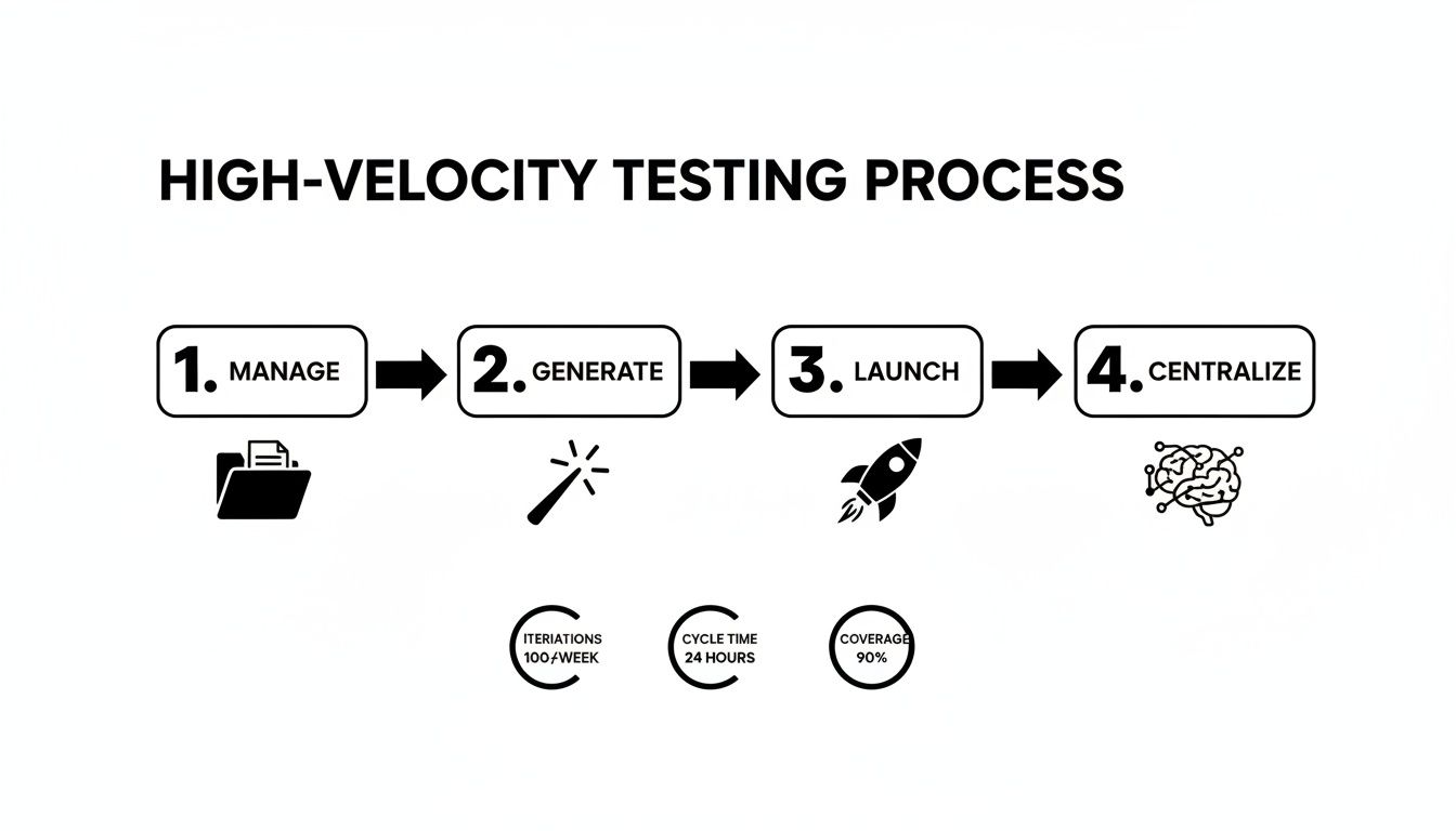 A high-velocity testing process diagram with four steps: Manage, Generate, Launch, Centralize, and key metrics.