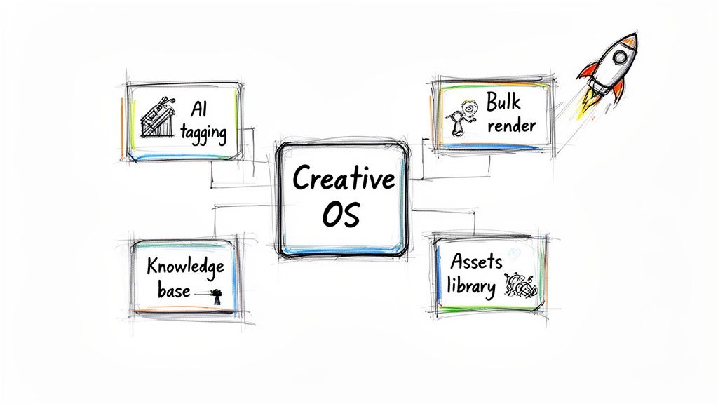 Hand-drawn diagram of a 'Creative OS' ecosystem, featuring AI tagging, bulk render, knowledge base, and assets library.