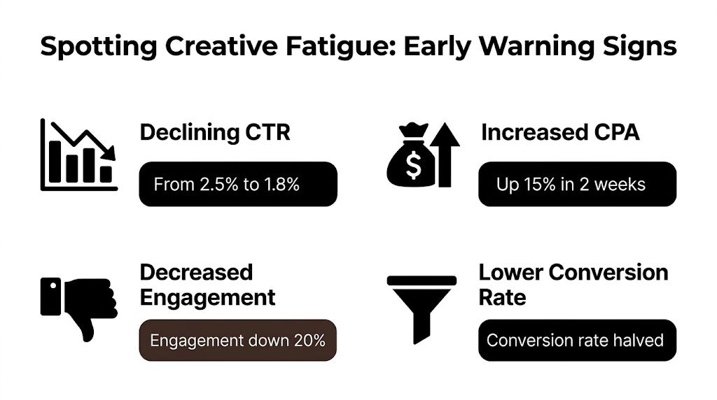 A graphic titled Spotting Creative Fatigue showing four common signs like declining CTR, increased CPA, decreased engagement, and lower conversion rate.