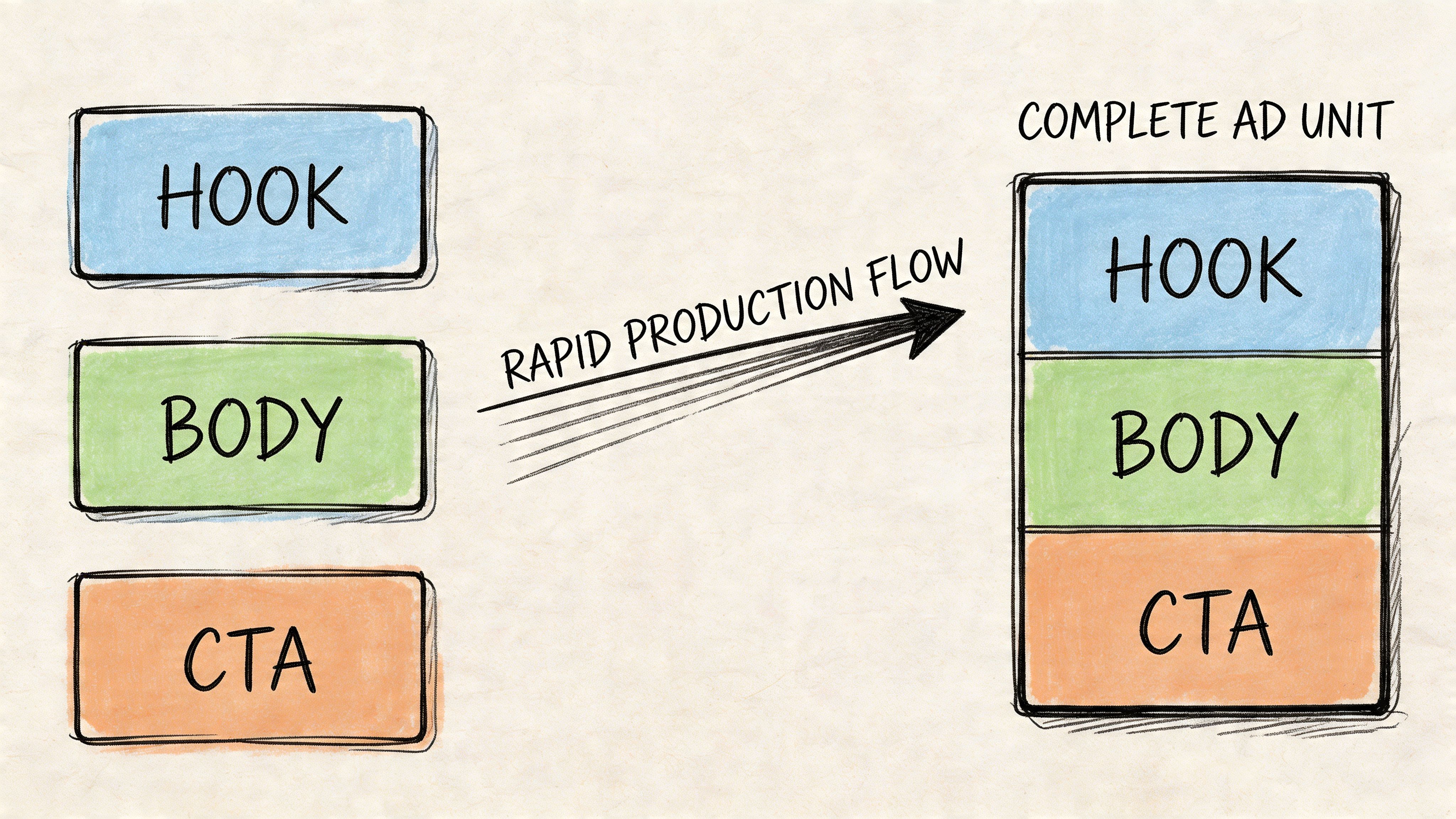 A diagram illustrating a rapid production flow for creating a complete ad unit from modular components.