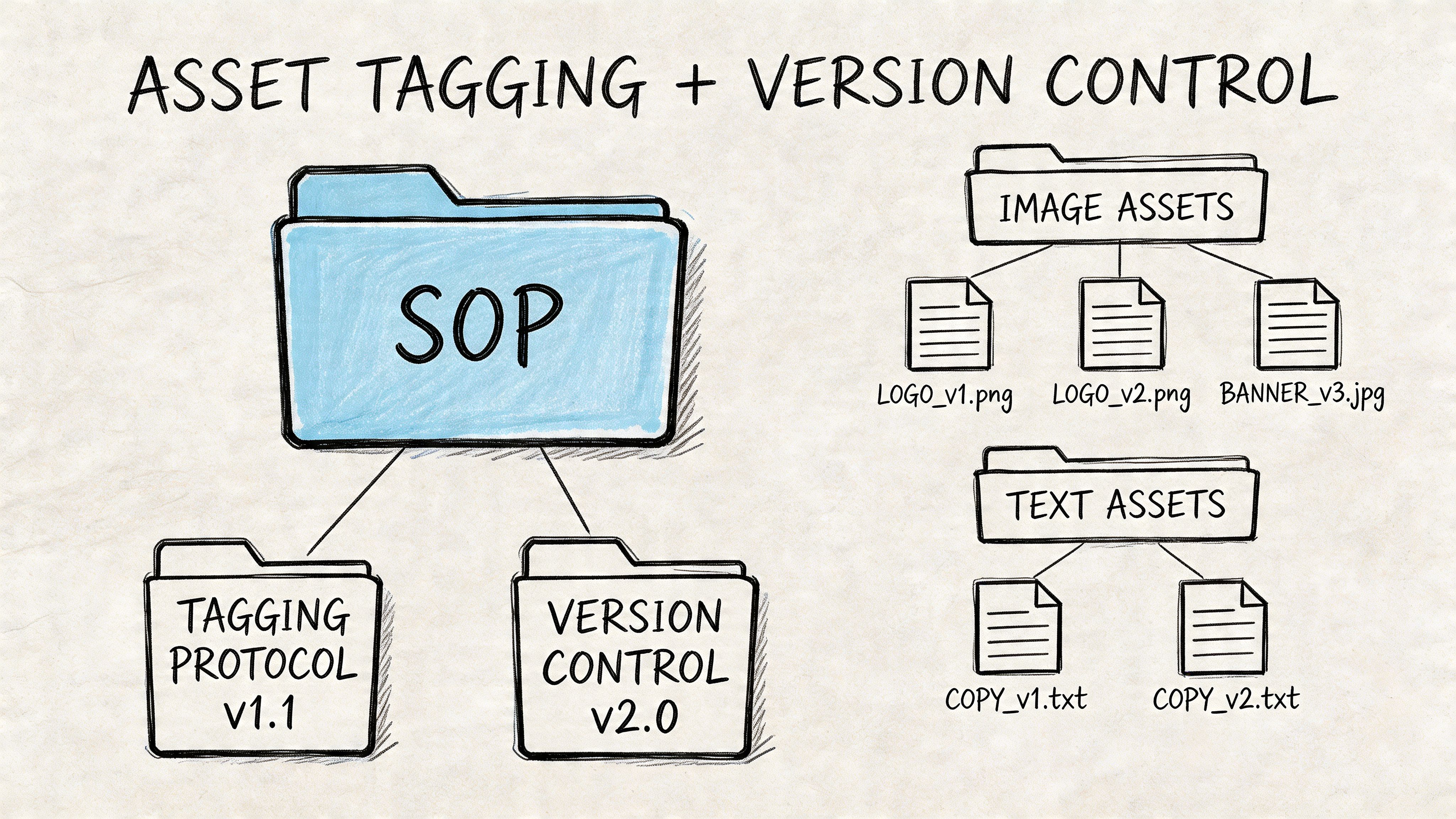 A hand-drawn diagram illustrating a standard operating procedure for asset tagging and version control of digital files.