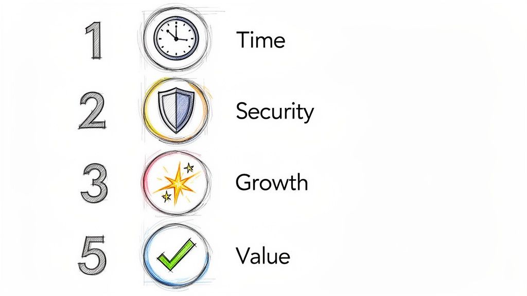 A hand-drawn list of key concepts: Time, Security, Growth, and Value, each with an icon.