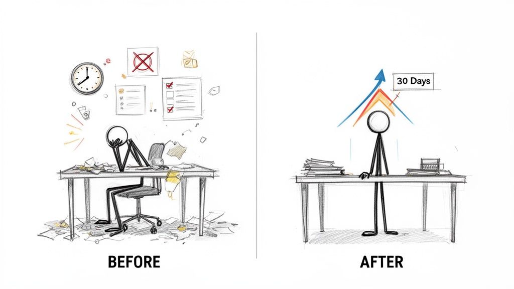 A split image showing a stick figure before and after improving productivity, from stressed at a messy desk to confident with progress.