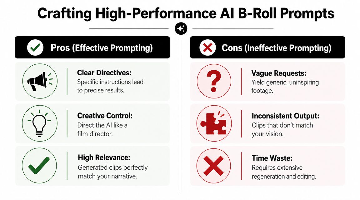 A comparison chart showing the benefits of effective AI B-roll prompts versus the drawbacks of ineffective prompting.