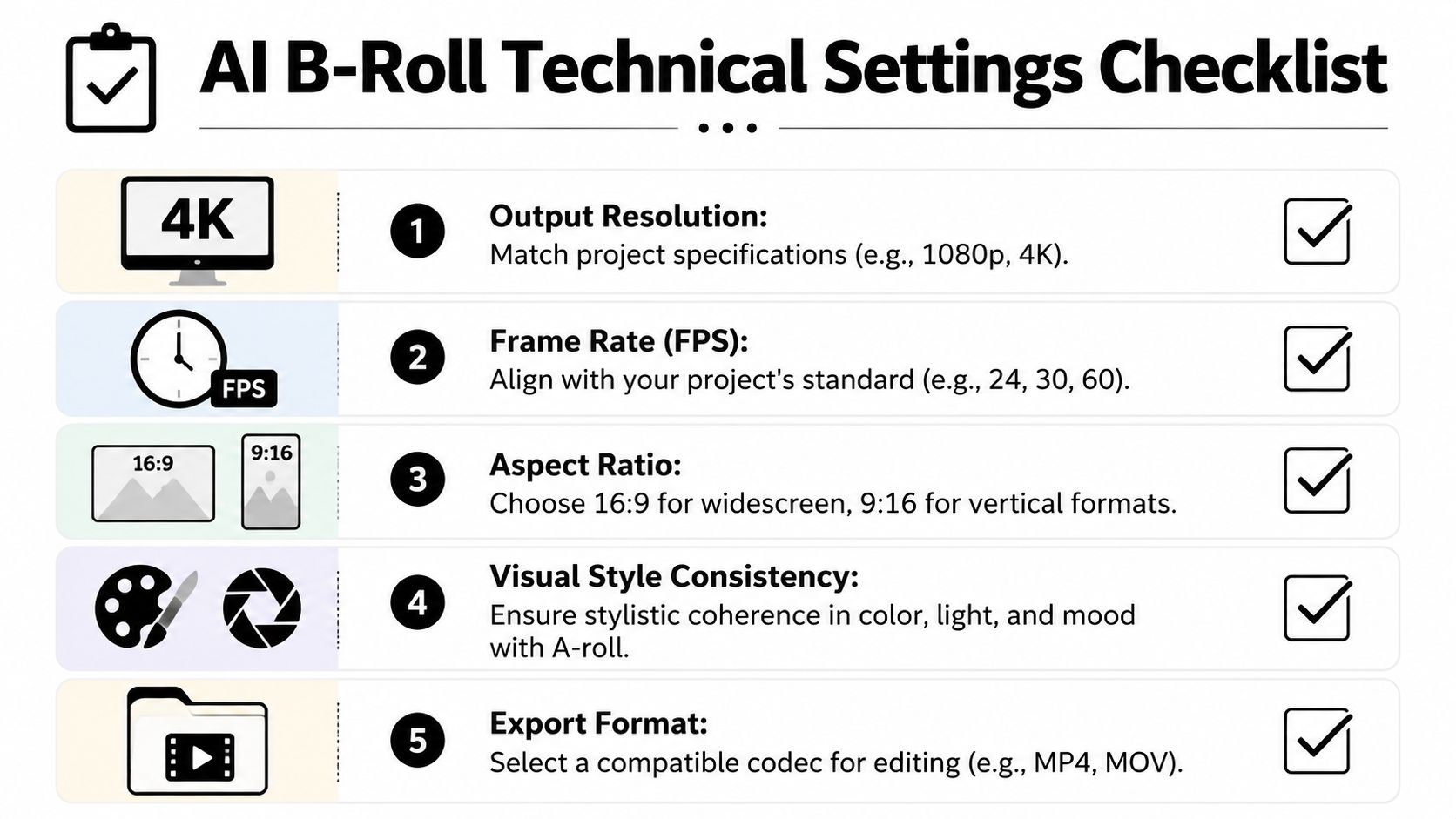A technical checklist for AI B-roll production covering resolution, frame rate, aspect ratio, consistency, and format.
