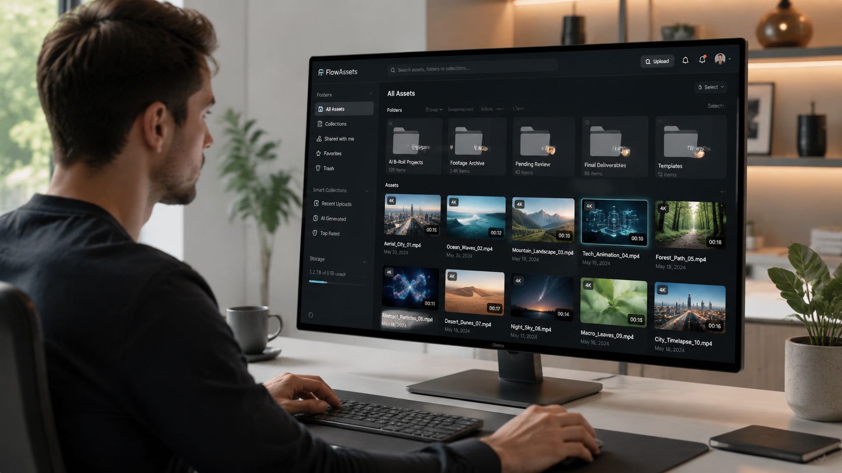 A man working on his computer in a modern office, organizing AI b-roll video assets on screen.