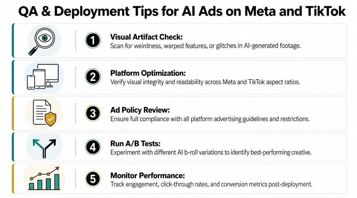 A five-step checklist for quality assurance and deploying AI-generated advertisements on Meta and TikTok platforms.
