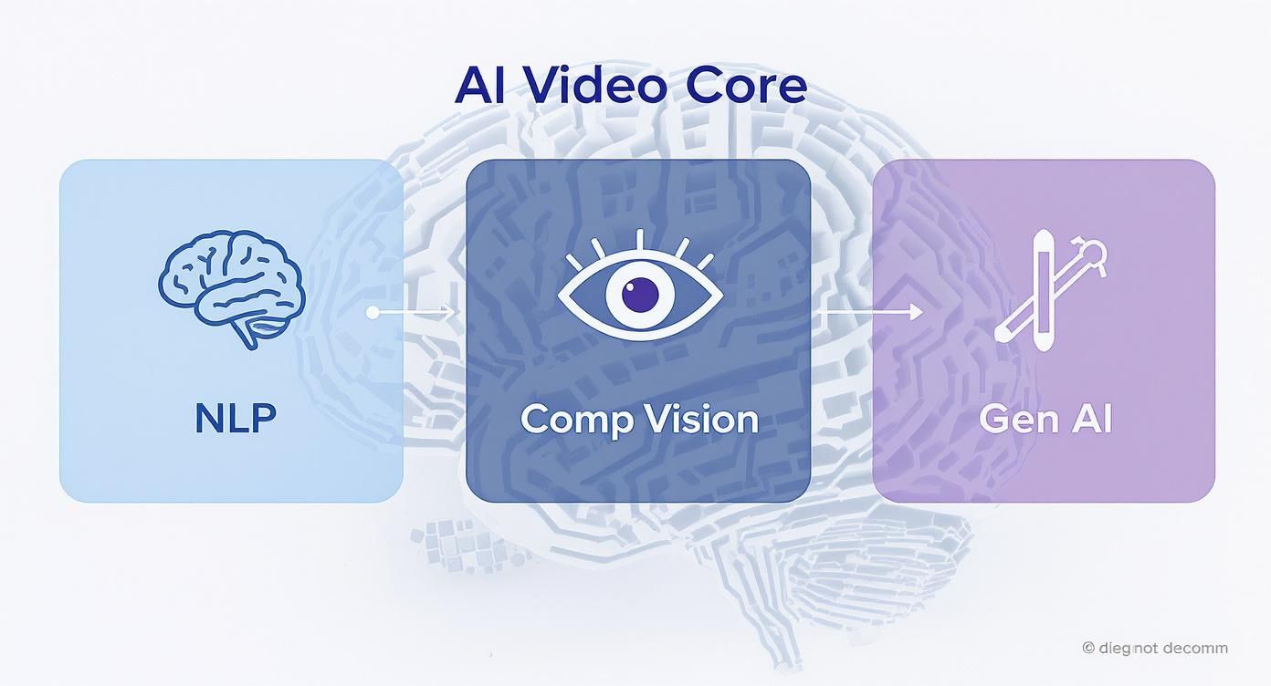 AI Video Core diagram showing three components: NLP, Computer Vision, and Generative AI with brain illustration