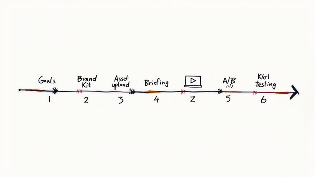 Timeline diagram showing video production workflow from goals through brand kit to testing stages