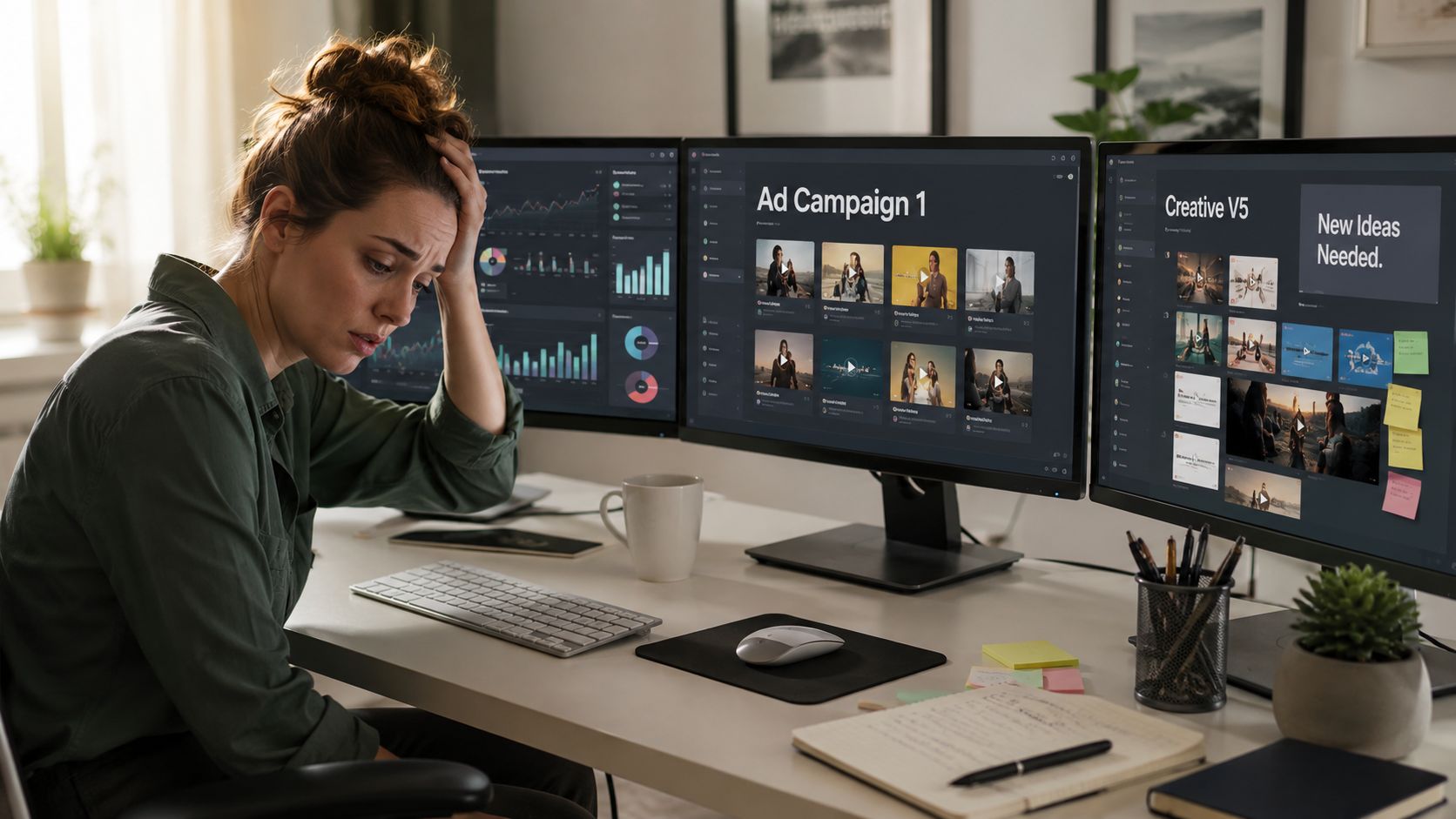Stressed woman sitting at a desk with multiple monitors displaying analytics and digital media projects.