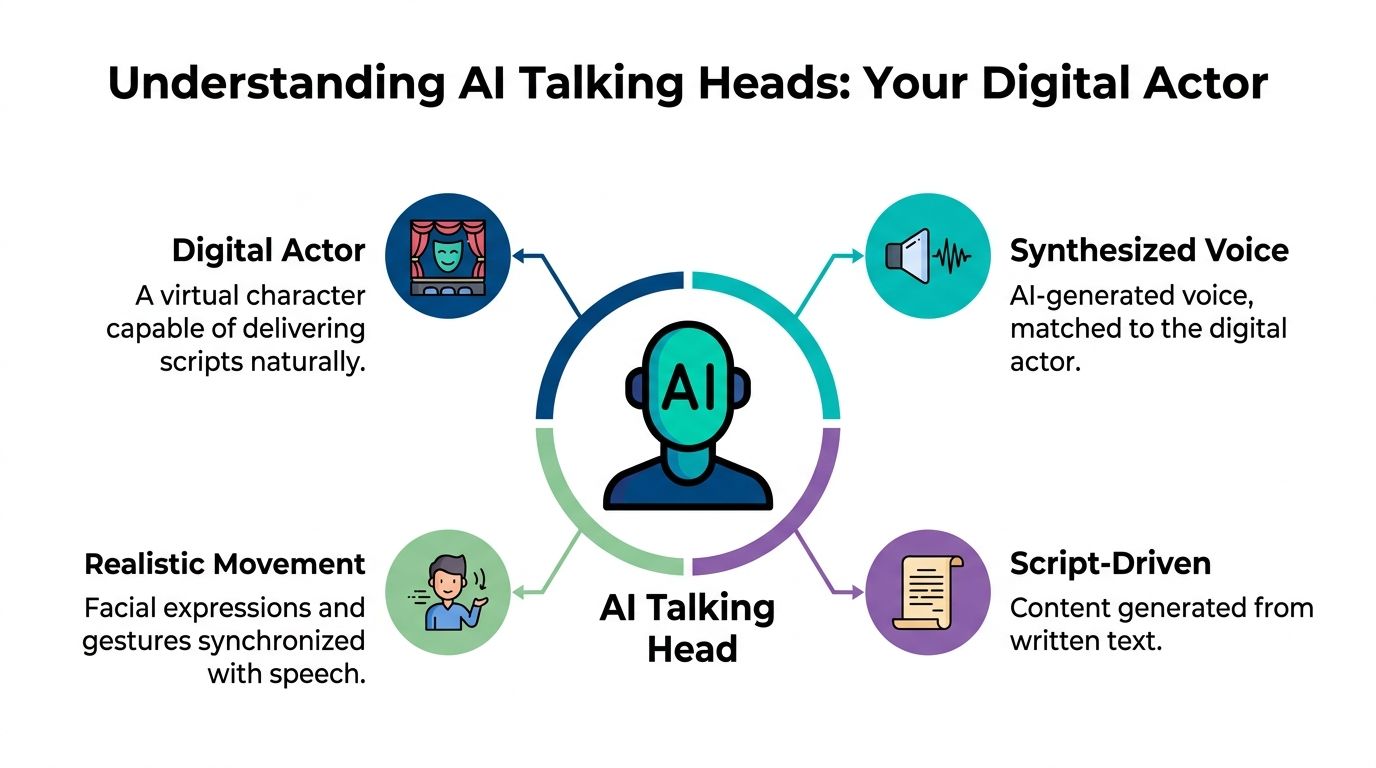 A diagram explaining AI Talking Heads, featuring a central character icon surrounded by four key components.