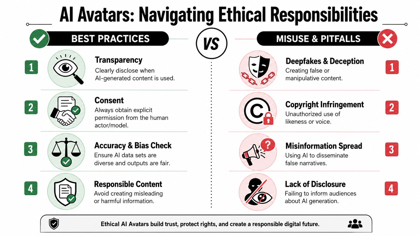 An infographic comparing the best practices versus the risks of using AI-generated avatars in digital content.