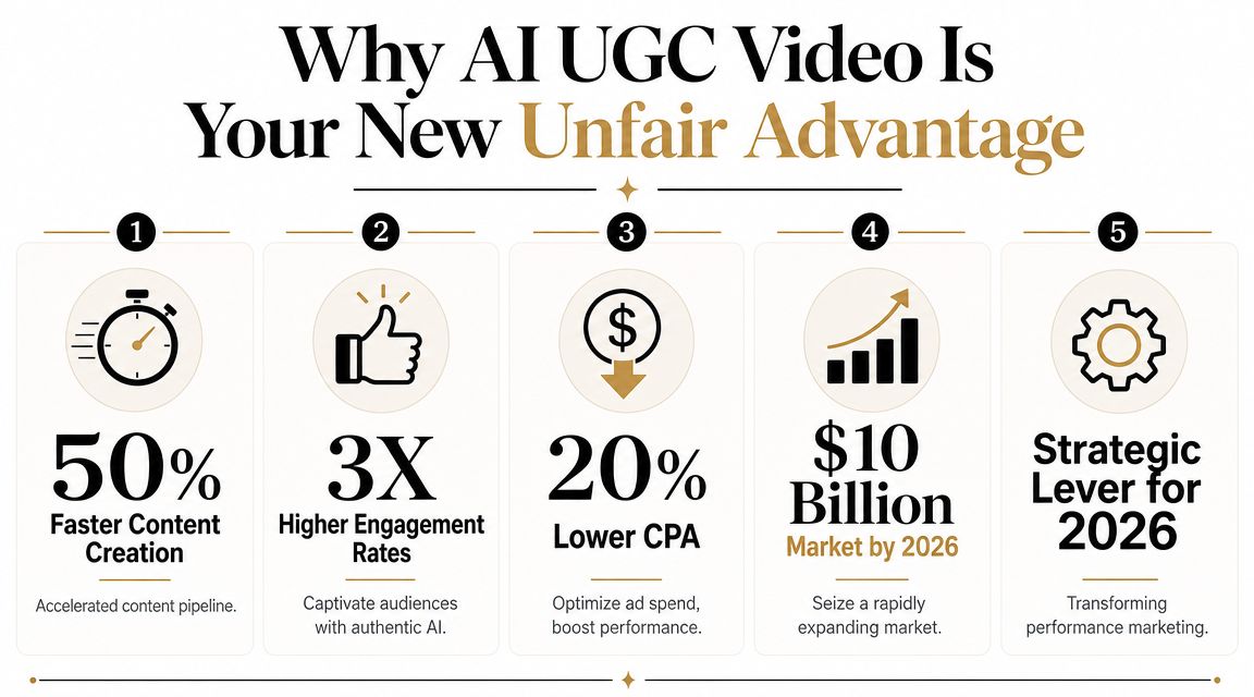 An infographic detailing five key advantages of using AI for user-generated content video marketing strategies.