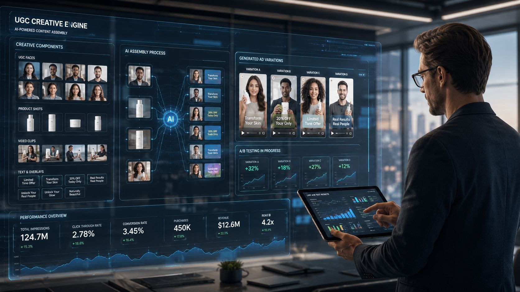 A professional analyzing AI-generated user-generated content and performance metrics on a digital dashboard interface.