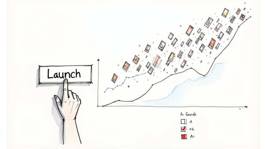 A hand presses a 'Launch' button, triggering a rising graph with many flying items.