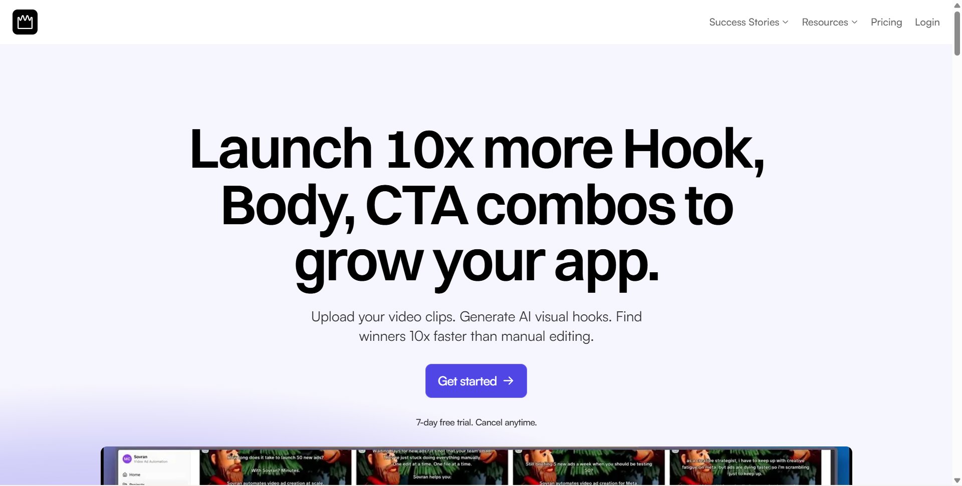 AI video editing platform interface showing hook generation and CTA combos for app growth