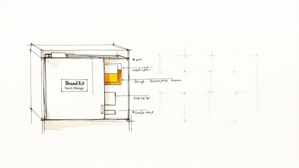 A person's hands organizing colorful brand assets on a digital interface