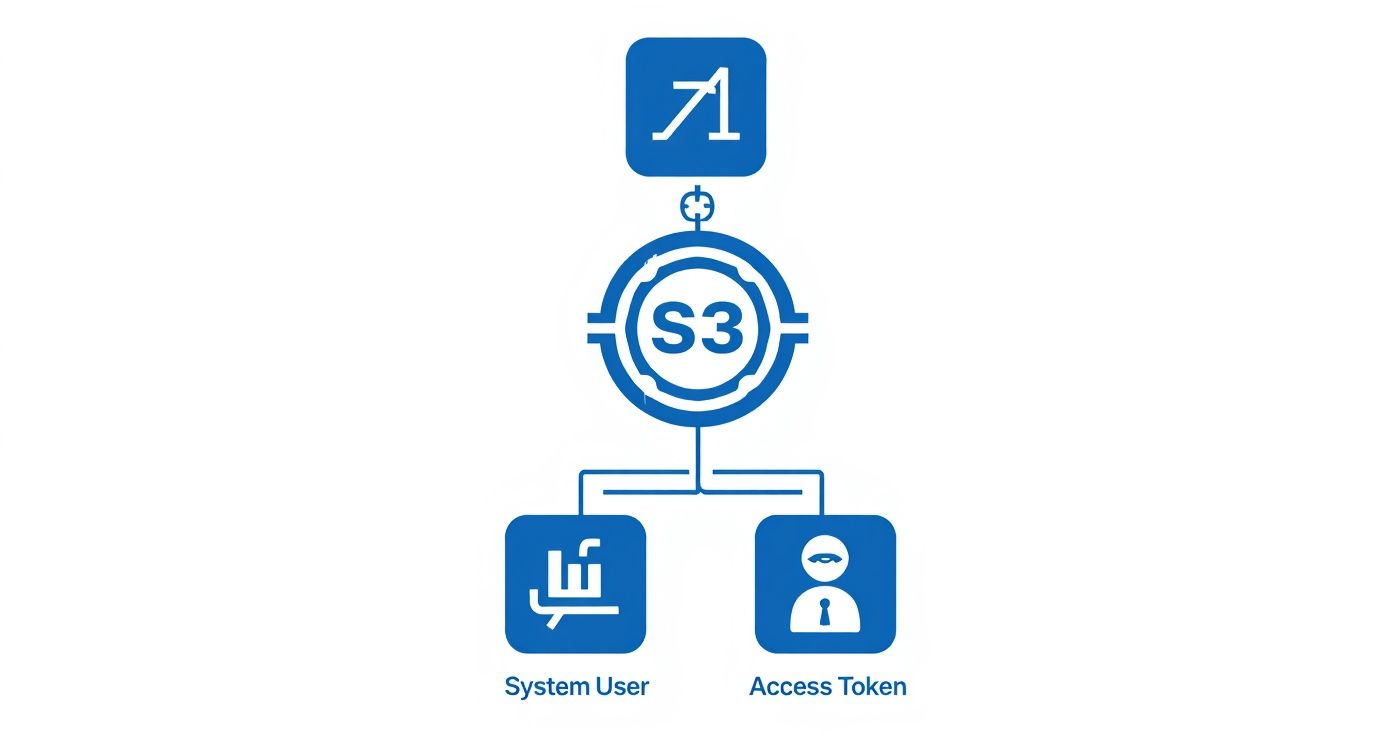 Diagram showing S3 storage access by a system user and an access token, connected from an application.