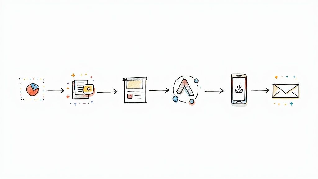 A hand-drawn diagram illustrating a data workflow from a pie chart to an email through various digital steps.