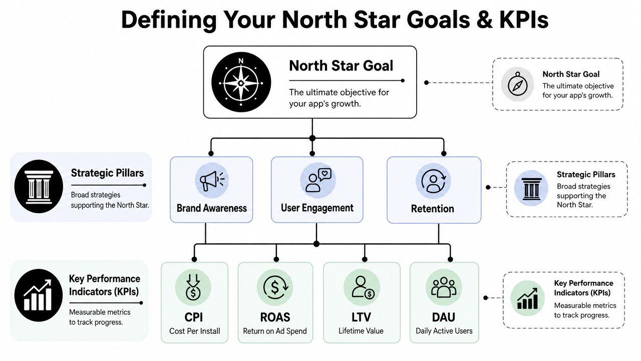 A diagram illustrating how to define North Star goals, strategic pillars, and key performance indicators for apps.
