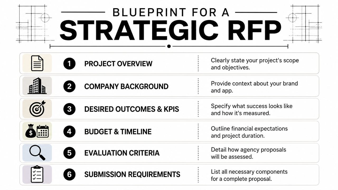 A six-step infographic titled Blueprint for a Strategic RFP, outlining the essential components of a request for proposal.