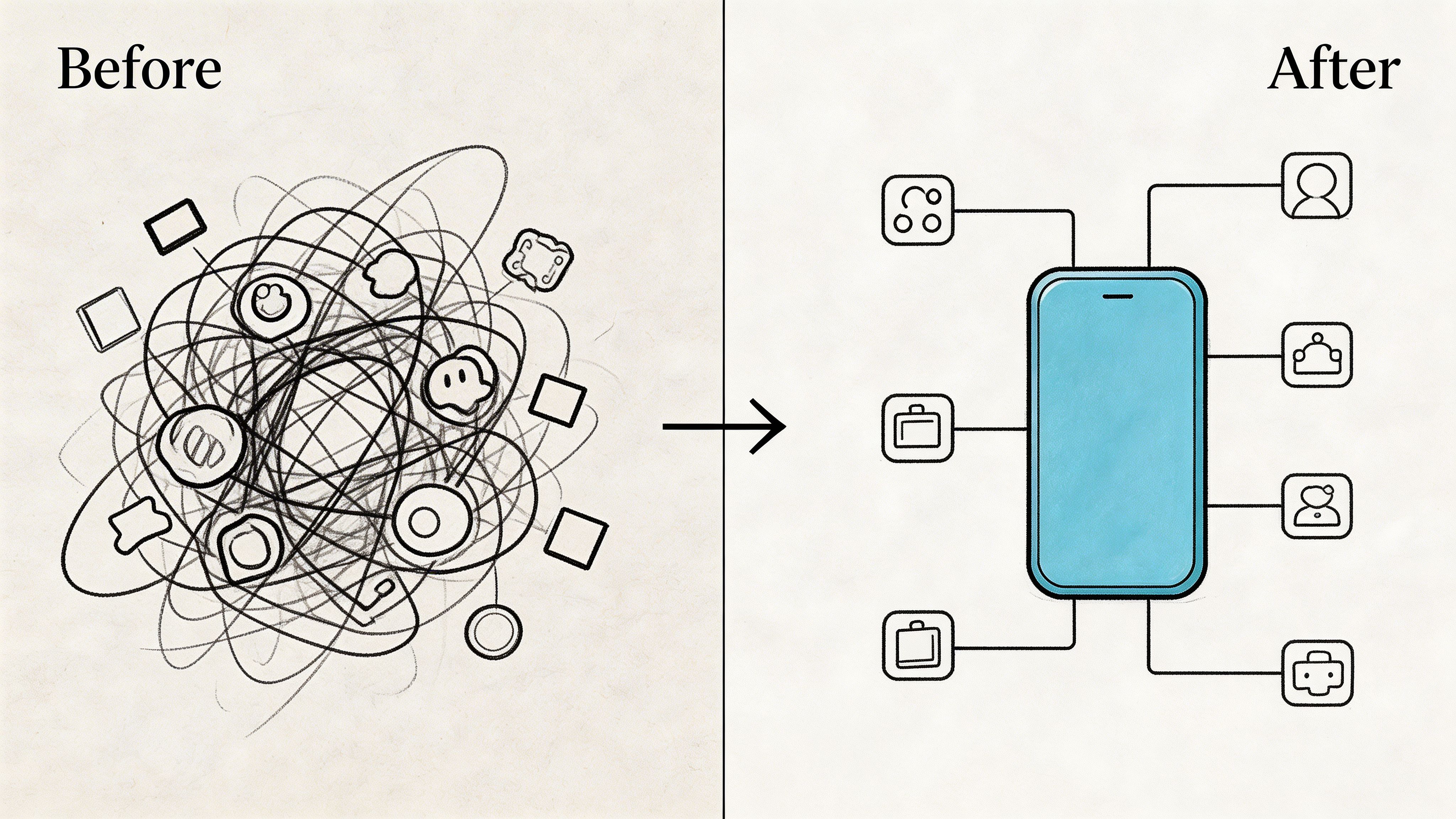 A conceptual diagram showing a messy tangle of sketches transitioning into an organized mobile app interface.