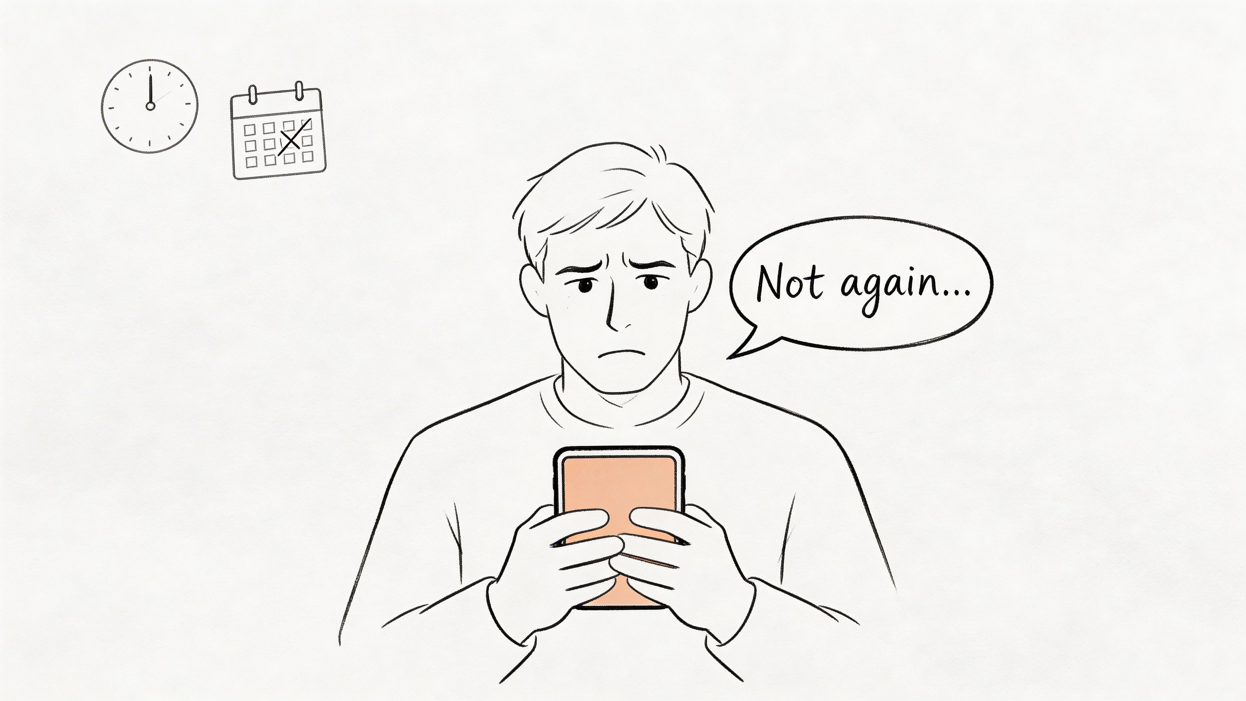 A line drawing of a distressed person looking at a smartphone with calendar and clock icons above.