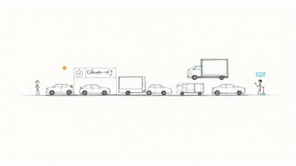 A stick figure observes a line of cars, trucks, and trailers, with another stick figure working at the end.
