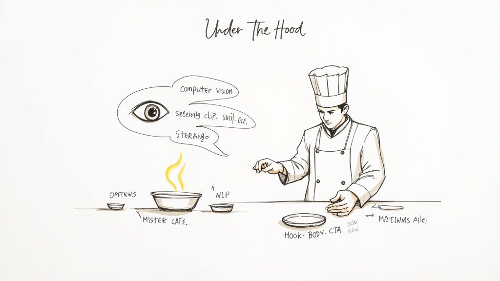 A chef prepares ingredients labeled with computer vision, NLP, and marketing terms, illustrating a system's internal process.