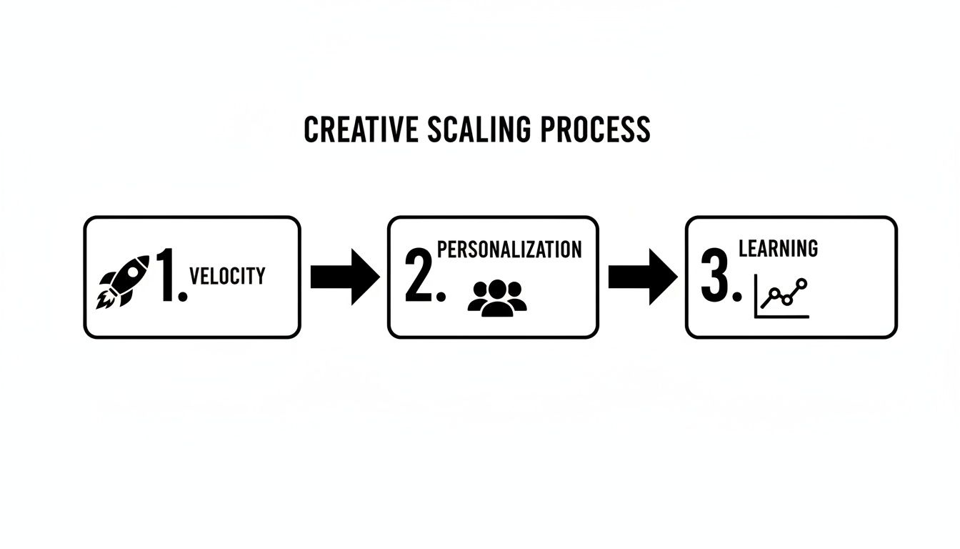 A diagram illustrating the creative scaling process: 1. Velocity (rocket), 2. Personalization (people), 3. Learning (graph).