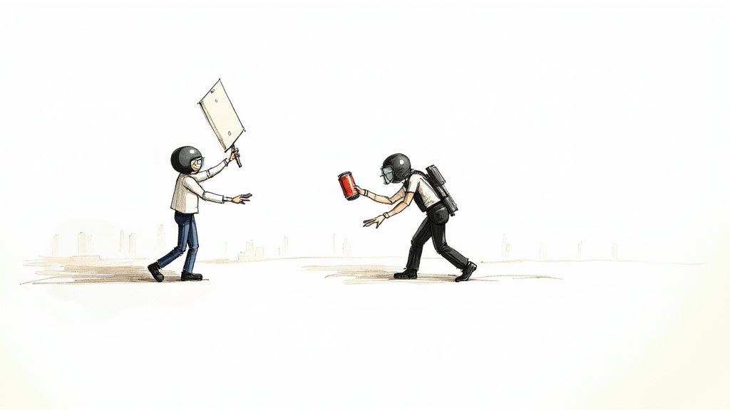 Illustration of two helmeted figures in confrontation, one with a protest sign, the other with a canister.