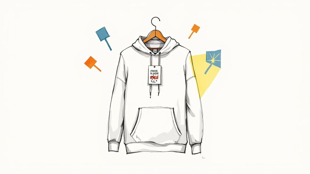 Illustration of a white hoodie with a tag on a hanger, surrounded by colorful design elements.