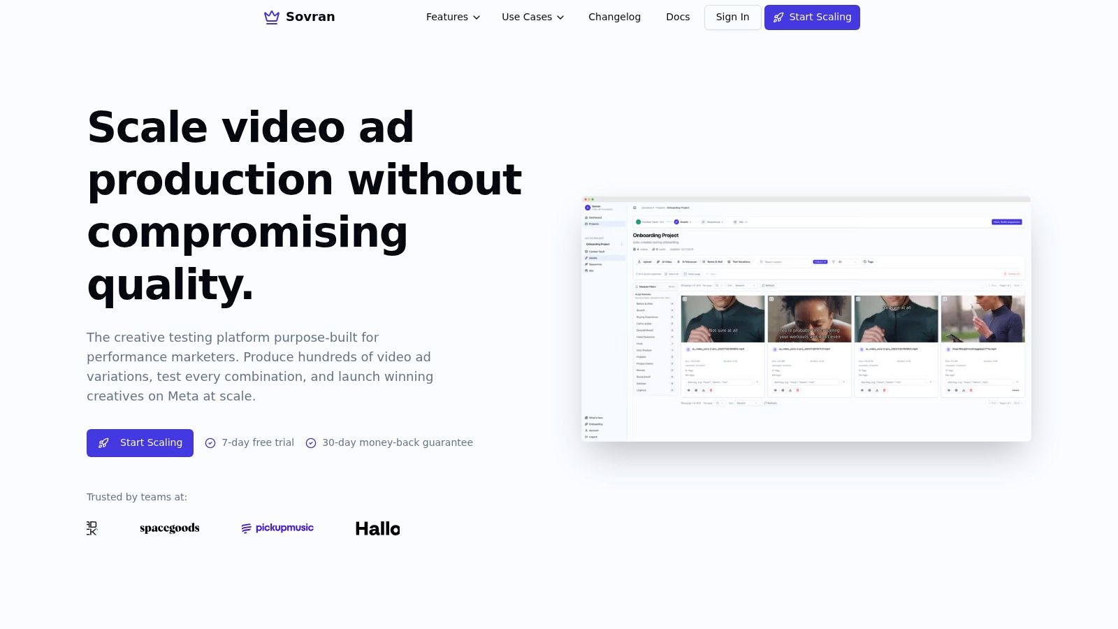 A collage of video ad creatives for a mobile app, showing different hooks and calls-to-action being tested on a creative testing platform.