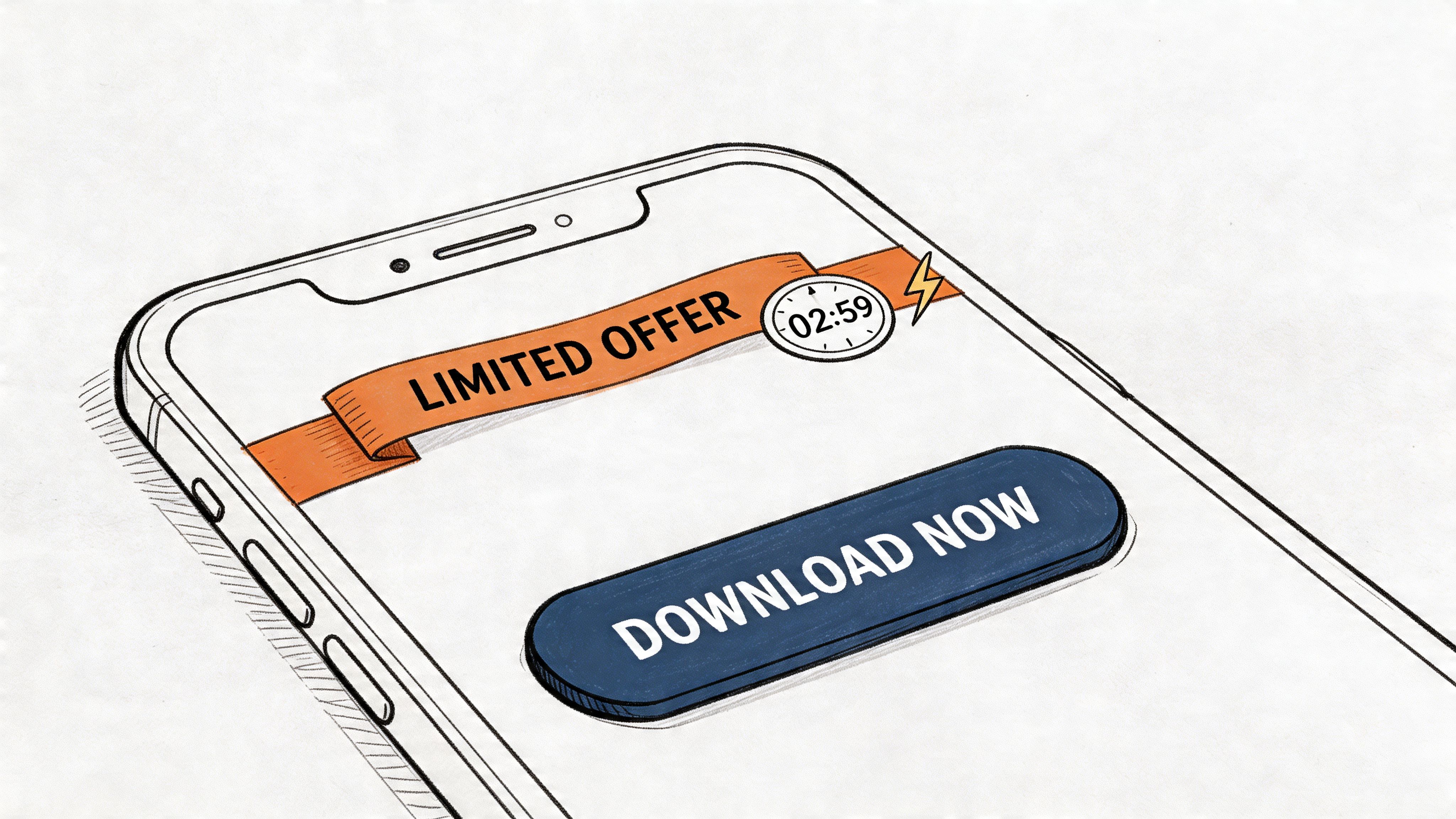 A sketched smartphone interface displaying a limited time offer banner and a prominent Download Now call-to-action button.