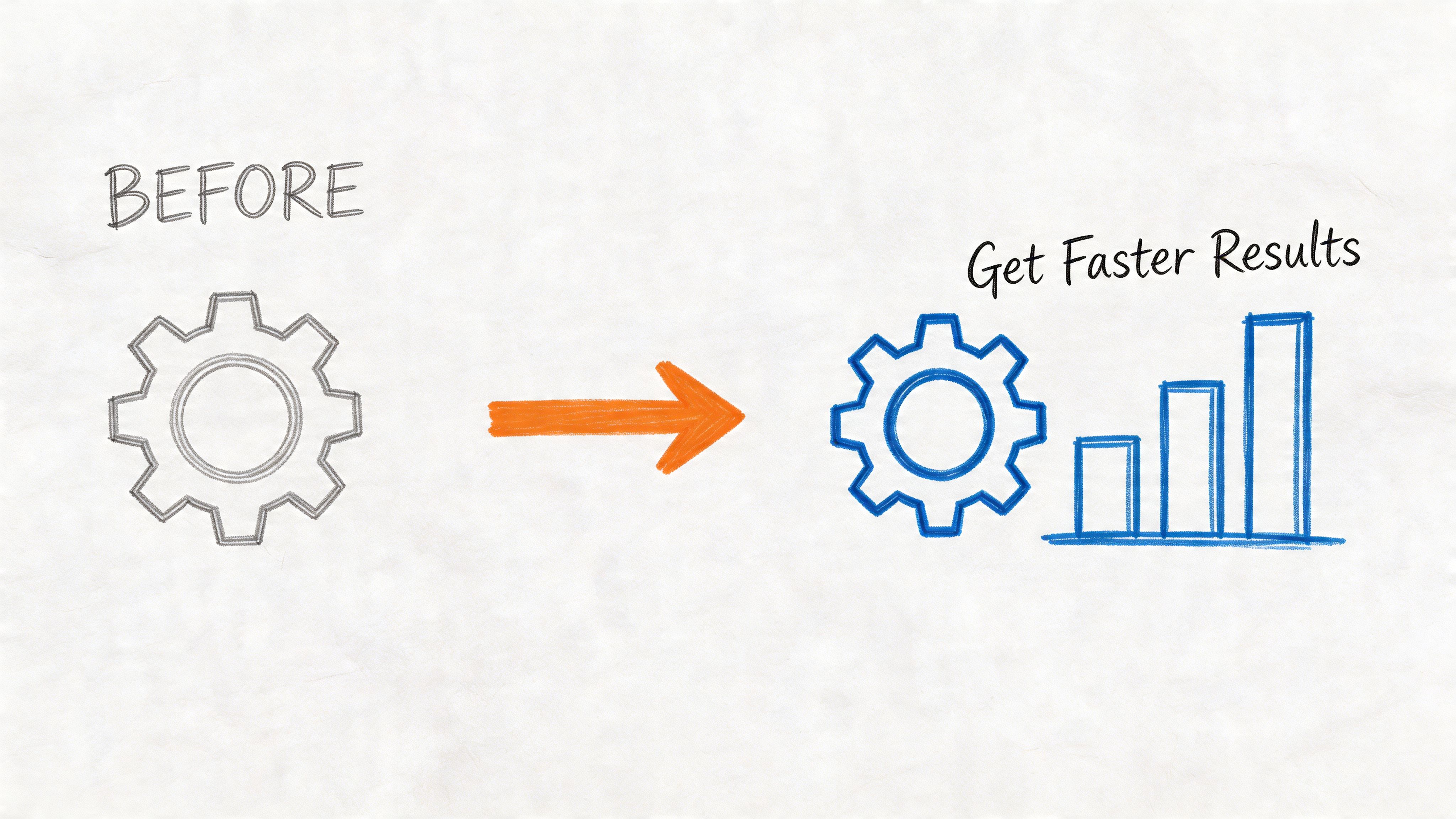A conceptual sketch illustrating a gray gear transitioning into a blue gear combined with a rising bar graph.