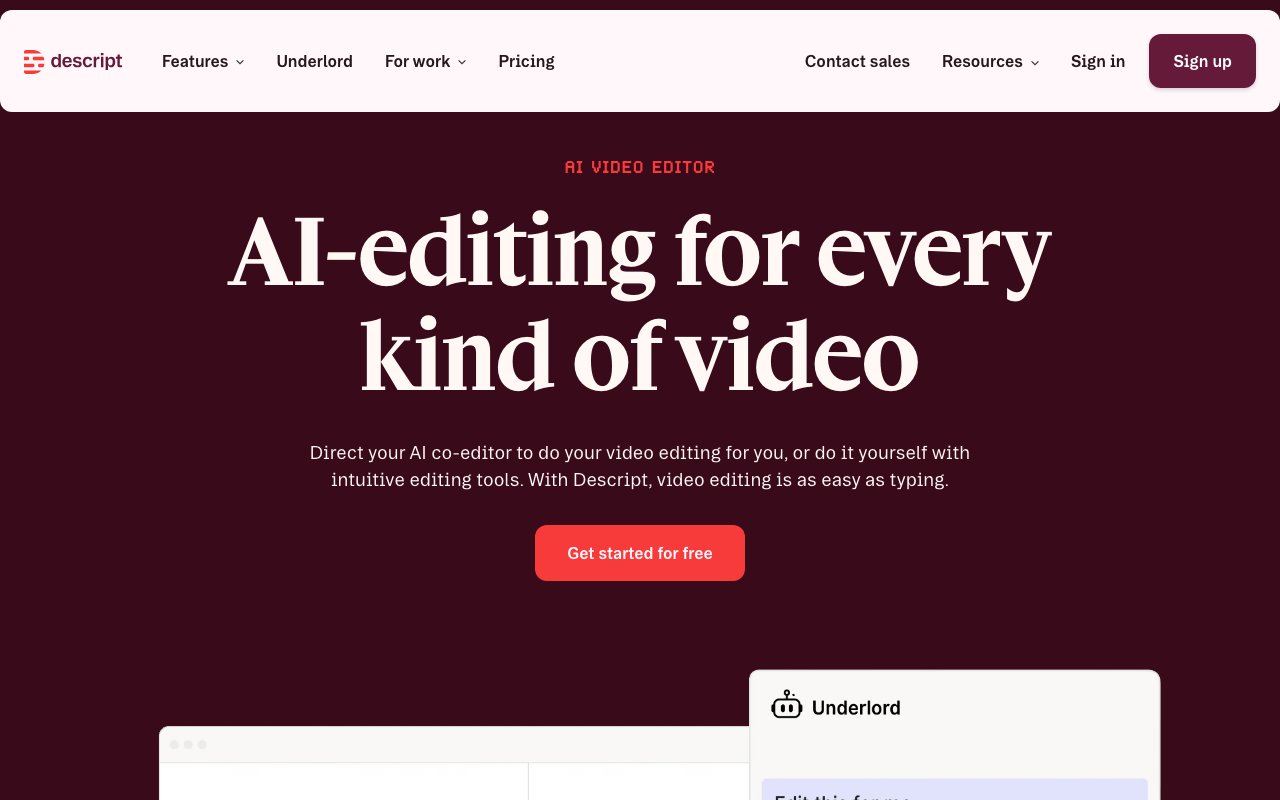 Descript homepage — script-based audio and video editor.