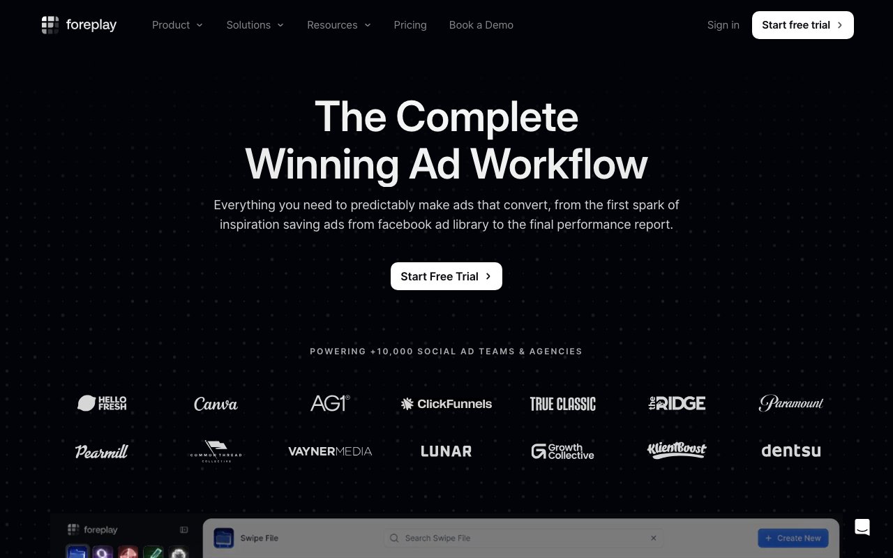 Foreplay homepage — ad inspiration and swipe file platform.