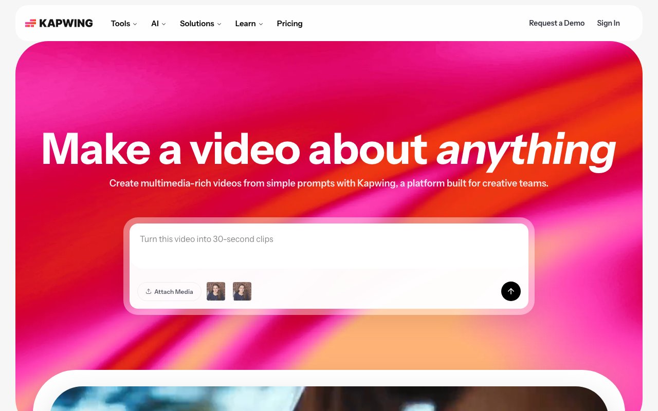 Kapwing homepage — browser-based video editor.
