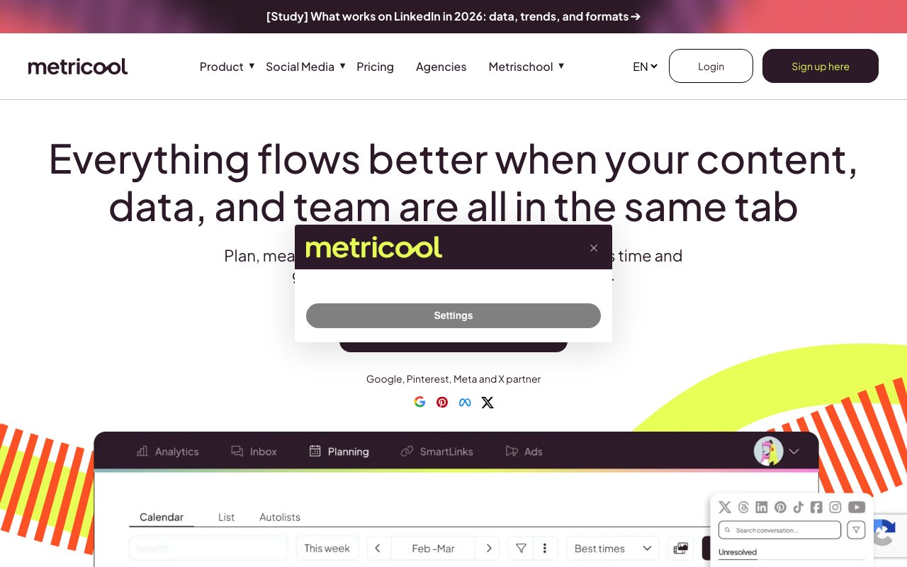 Metricool homepage — cross-platform social media analytics.