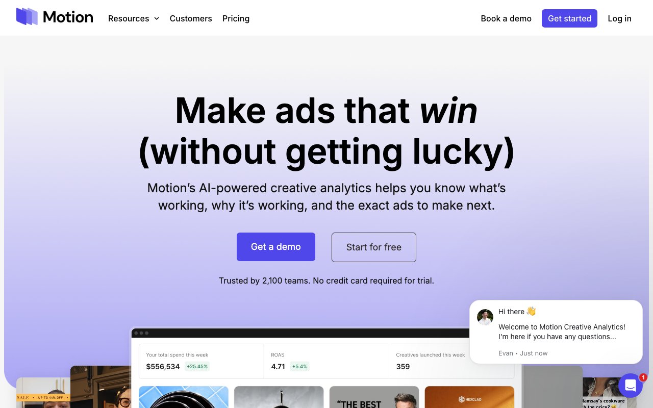 Motion homepage — creative performance analytics for paid social.