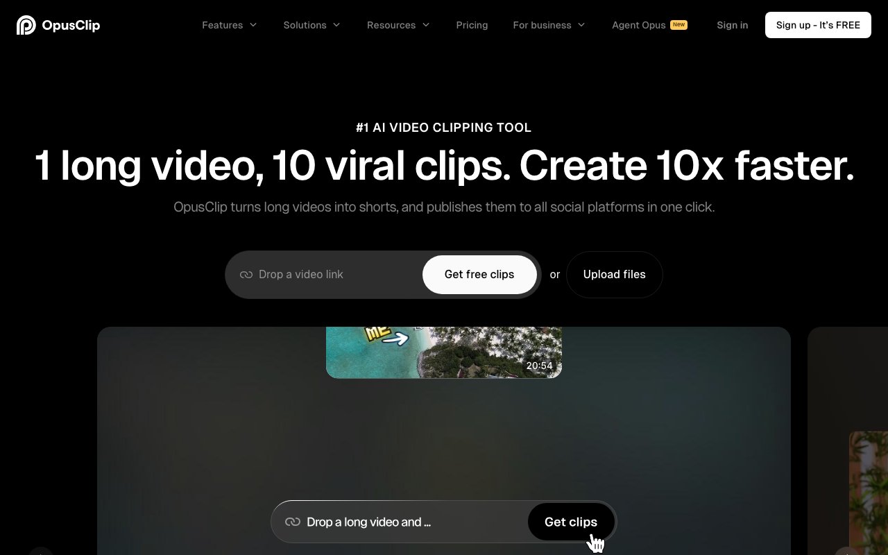 OpusClip homepage — AI-powered long-form to short-form video repurposing.