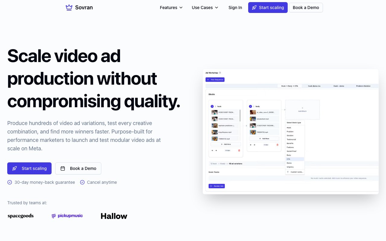 Sovran homepage — modular video ad creation platform for performance marketers.