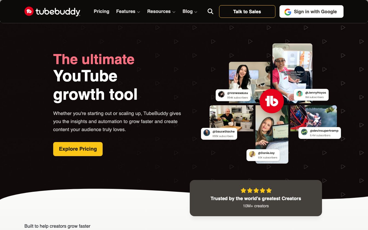 TubeBuddy homepage — YouTube channel growth and A/B testing toolkit.