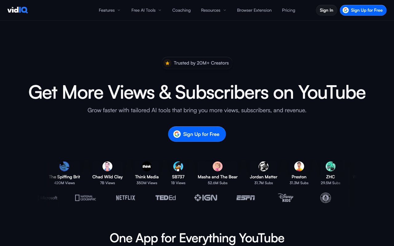 VidIQ homepage — YouTube analytics and optimization for creators.