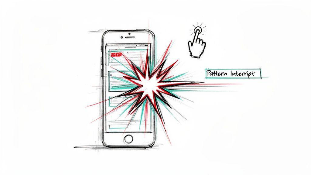 An illustration of a smartphone with an explosion graphic and a hand tapping, next to 'Pattern Interrupt' text.
