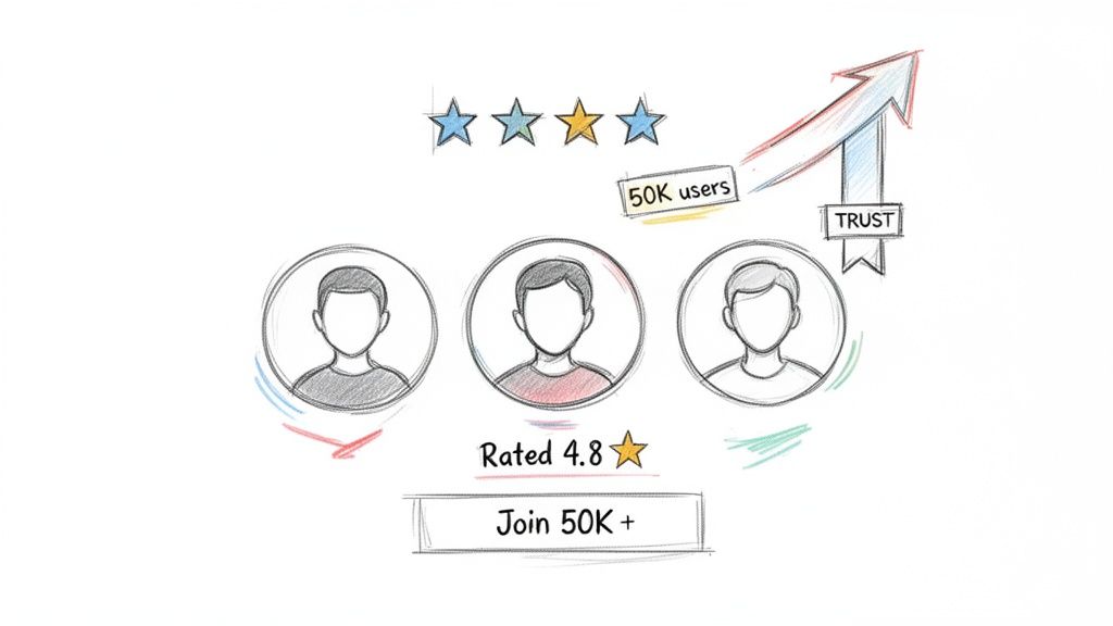 Whiteboard sketch illustrating positive user reviews, high 4.8 star rating, growing user base, and trust.