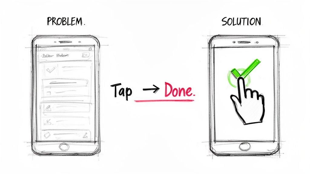 An illustration contrasting a problem (task list on phone) with a simple solution (tapping to mark as done).