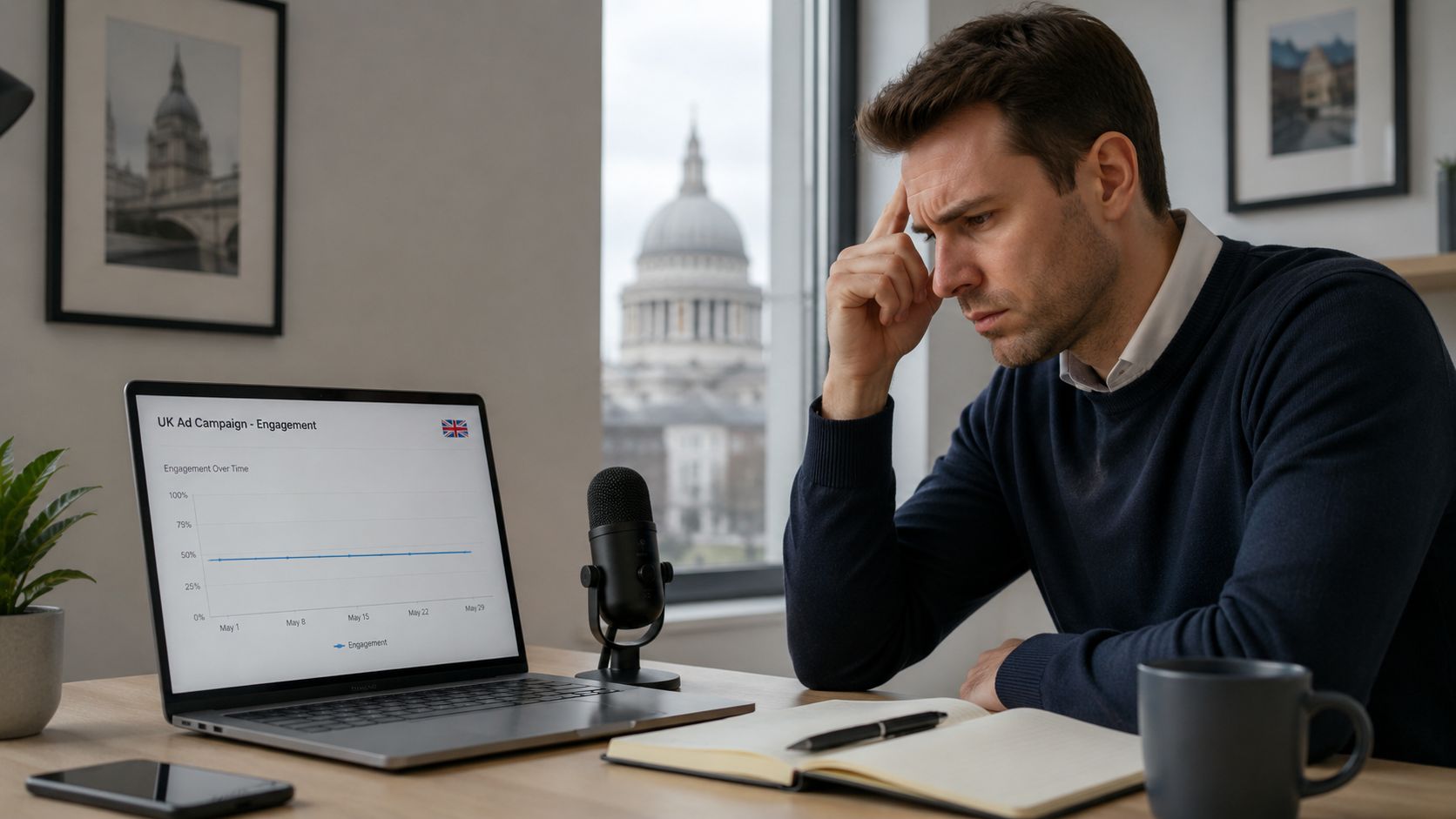 A concerned businessman looking at a flat engagement graph on his laptop in a London office.