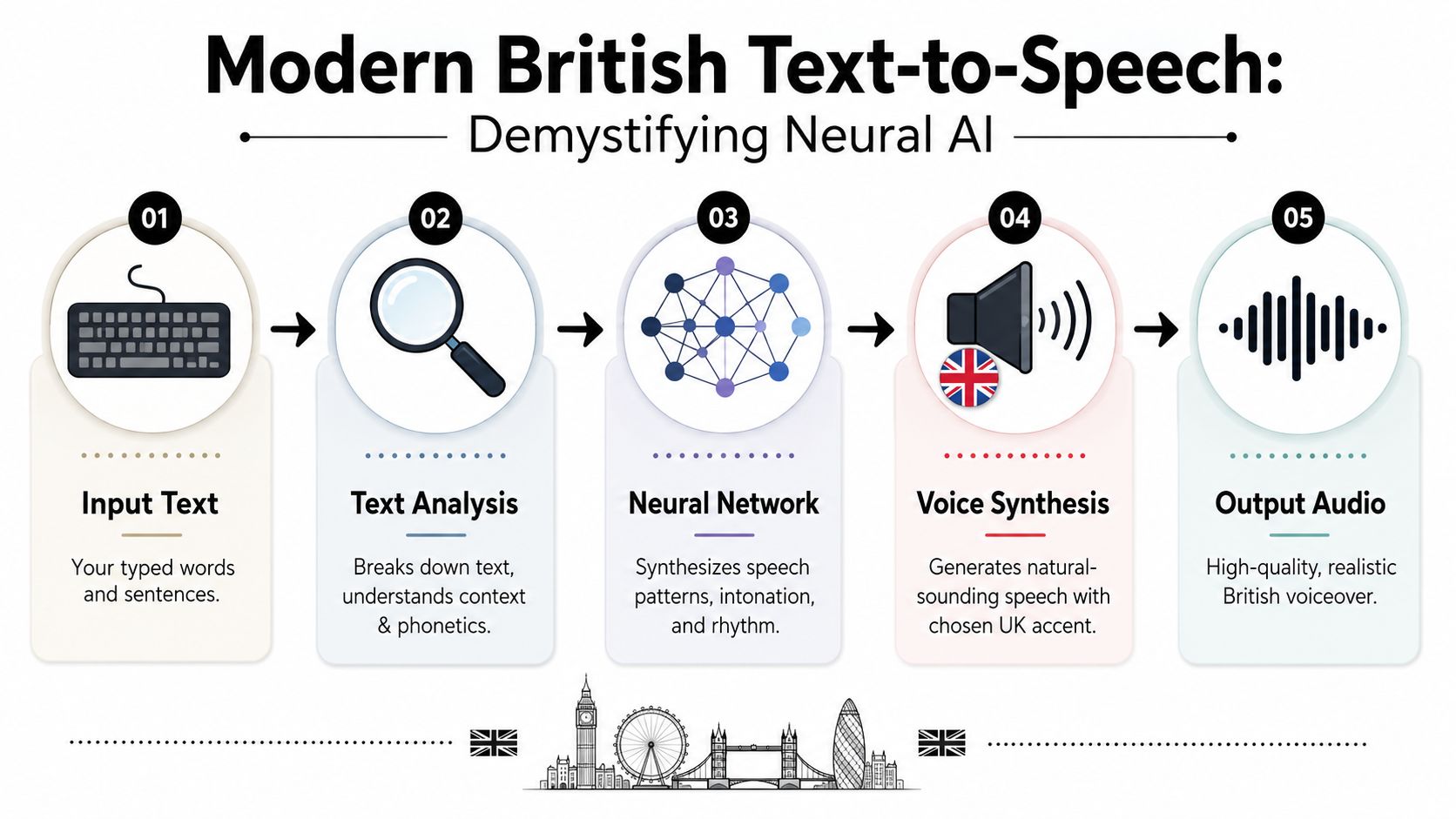 A diagram illustrating the five-step process of neural AI technology for modern British text-to-speech conversion.